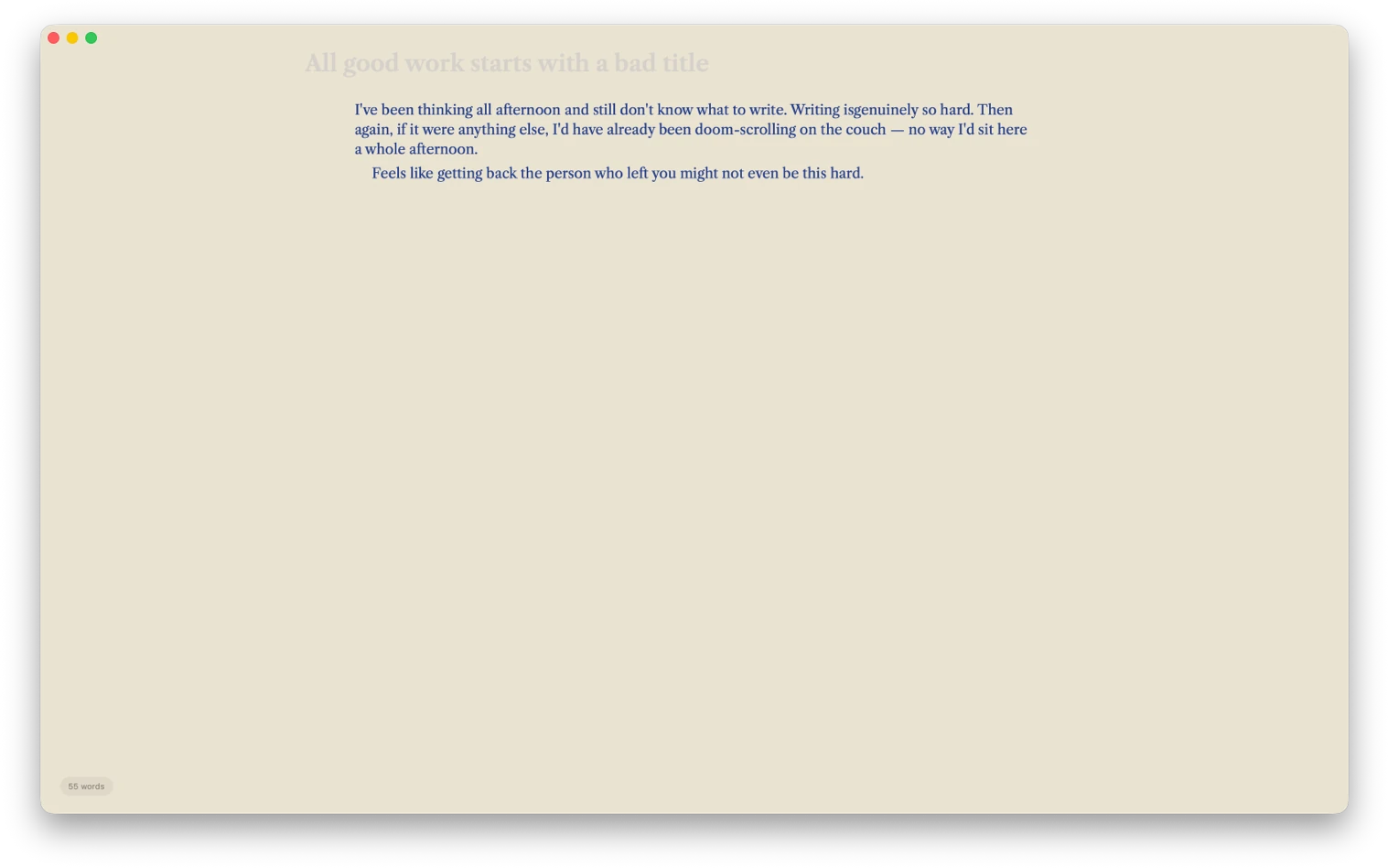 The editor: a warm paper, oxblood ink, a title placeholder reading All good work starts with a bad title.
