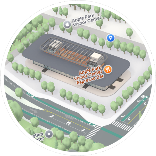 A circular capture of a 3D map with a white sticker rim.
